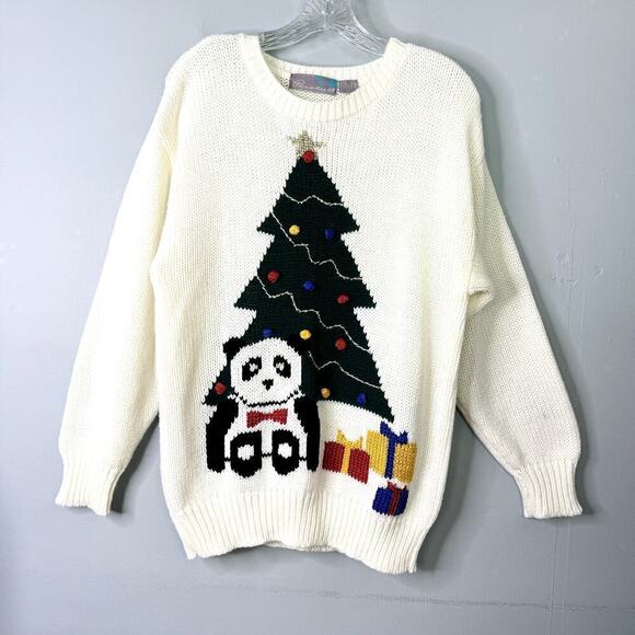 Vintage 80s Pinwheels Panda Bear Christmas Tree Cream Sweater Women's Size L - Picture 1 of 12